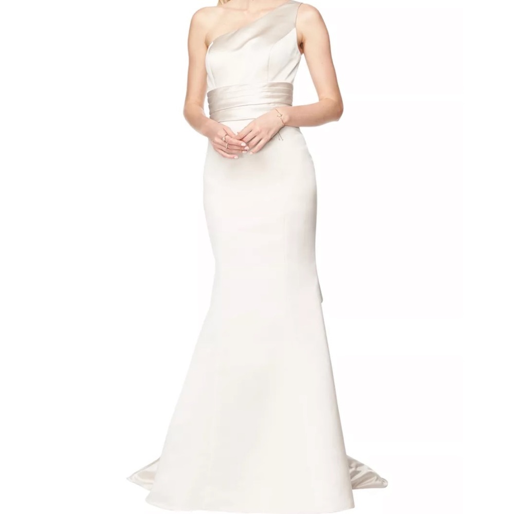 Bill Levkoff Ivory Euro Satin One Shoulder A-Line Dress